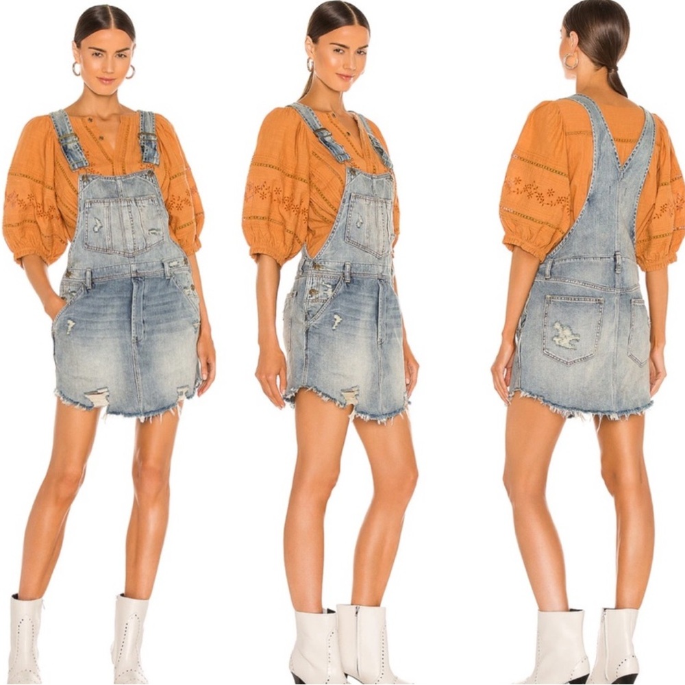 Free People Baxter Denim Jumper Grunge Blue Distressed Adjustable Overalls Sz M